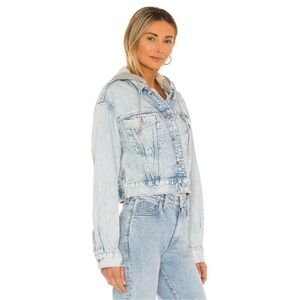 NWT FREE PEOPLE BRANDO HOODED CROPPED DENIM JACKET in  "MALTA WASH" | LARGE